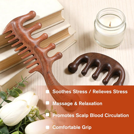 Vin Beauty 2 Pcs Wooden Scalp Massager Comb, Wood Scalp Massager 2 in 1 Wide Fine Tooth with Handle for Hair Growth for Curls Women Men Detangles Long Thick Wet Dry Head Anti-Static Care Relief.