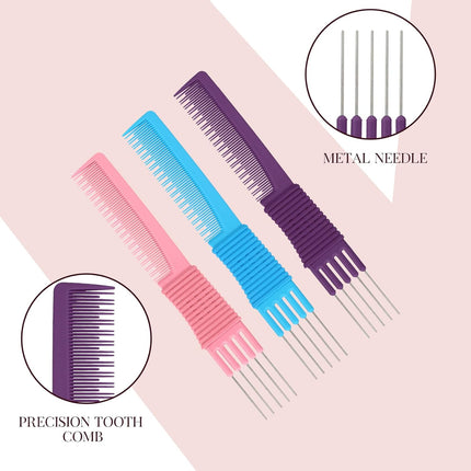 3 Pack Lift Teasing Combs with Metal Prong Salon Teasing Back Combs Hair Styling Comb Lifting Fluffing Comb with Metal Pick Hair Picks for Women.