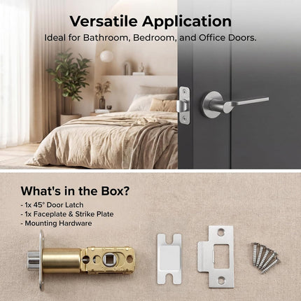 Adjustable Deadlatch 2-3/8''(60mm) or 2-3/4''(70mm), Adjustable Door Latch Entry Door Lock 45° Turning Angle Replacement Part Latch and Strike with Dust Box, Universal Smart Doors Lock Deadlatch.