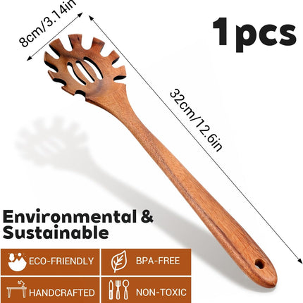 Spaghetti Spoon Wooden Pasta Spoon with Teeth Spaghetti Fork Tongs 12.5 Inch Teak Slotted Strainer Spoons for Cooking Serving Collecting, Wooden Fork Server Utensil with Claws, Wood Noodle Strainer.