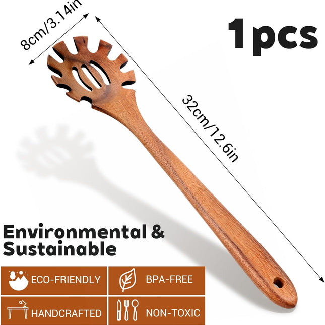Spaghetti Spoon Wooden Pasta Spoon with Teeth Spaghetti Fork Tongs 12.5 Inch Teak Slotted Strainer Spoons for Cooking Serving Collecting, Wooden Fork Server Utensil with Claws, Wood Noodle Strainer.