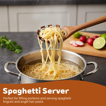 Spaghetti Spoon Wooden Pasta Spoon with Teeth Spaghetti Fork Tongs 12.5 Inch Teak Slotted Strainer Spoons for Cooking Serving Collecting, Wooden Fork Server Utensil with Claws, Wood Noodle Strainer.