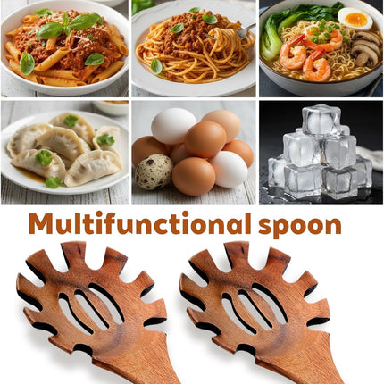Spaghetti Spoon Wooden Pasta Spoon with Teeth Spaghetti Fork Tongs 12.5 Inch Teak Slotted Strainer Spoons for Cooking Serving Collecting, Wooden Fork Server Utensil with Claws, Wood Noodle Strainer.