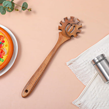 Spaghetti Spoon Wooden Pasta Spoon with Teeth Spaghetti Fork Tongs 12.5 Inch Teak Slotted Strainer Spoons for Cooking Serving Collecting, Wooden Fork Server Utensil with Claws, Wood Noodle Strainer.