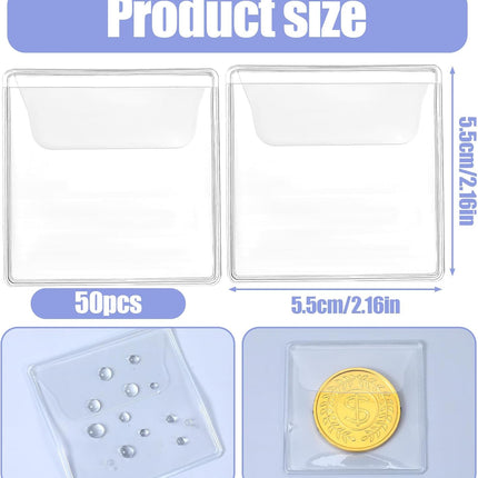 50 Pack Plastic Coin Sleeves, 2.1 x 2.1 Inch Clear Plastic Coin Protectors Small Pouches for Coins Holder Storage Individual Coins Holders for Currency Bills Collectors.