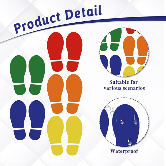 18 Pairs Colorful Floor Decals - Size Shoes Footprints for Classroom & Office - Guide Directions.