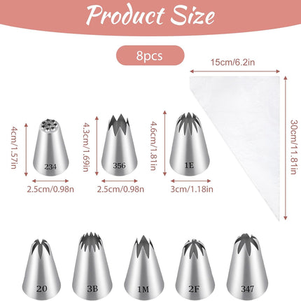 8 Pcs Large Piping Tips Set, Stainless Steel Cake Decorating Tips Set with 10pcs Piping Bag Pastry Cake Decorating Tip Baking Tools for Baking Cupcakes Decoration.