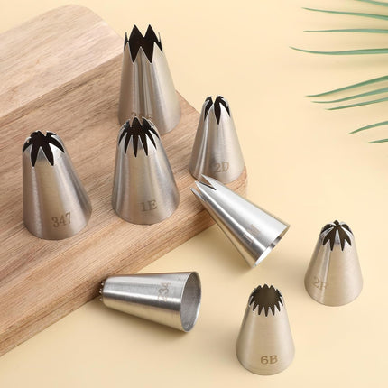 8 Pcs Large Piping Tips Set, Stainless Steel Cake Decorating Tips Set with 10pcs Piping Bag Pastry Cake Decorating Tip Baking Tools for Baking Cupcakes Decoration.