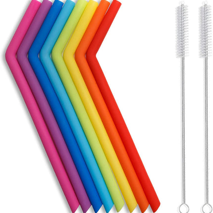 Reusable Silicone Straws, Long Flexible Silicone Drinking Straws with Cleaning Brushes for 30 oz Tumblers - 10 Pieces - BPA-Free - No Rubber Taste.