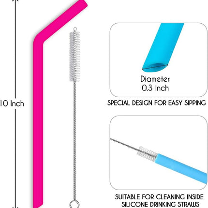 Reusable Silicone Straws, Long Flexible Silicone Drinking Straws with Cleaning Brushes for 30 oz Tumblers - 10 Pieces - BPA-Free - No Rubber Taste.
