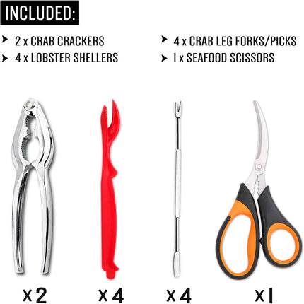 4-Person Seafood Tools Set includes 2 Crab Crackers, 4 Lobster Shellers, 4 Crab Leg Forks/Picks and 1 Seafood Scissors - Nut Cracker Set.