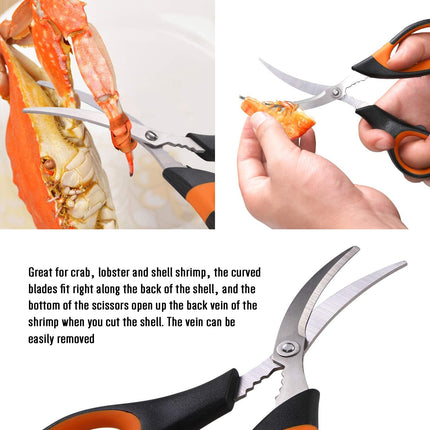 4-Person Seafood Tools Set includes 2 Crab Crackers, 4 Lobster Shellers, 4 Crab Leg Forks/Picks and 1 Seafood Scissors - Nut Cracker Set.