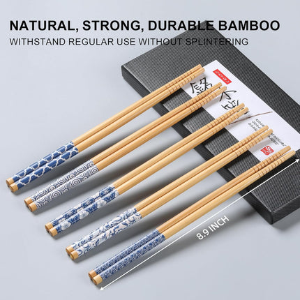 10 Pairs Reusable Bamboo Chopsticks, Japanese Style Natural Bamboo Wooden Chopstick Classic Style Chop Stick 8.8 Inch.