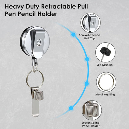 Landhoow 2 Pcs Retractable Pull Pen Pencil Holder, 27.5'' Retractable Pen Holder for Carpenters, Workers, Nurses, Bricklayer, Waiter, Universal Pencil Lanyard with Belt Clip and Key Ring.