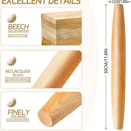 Classic French Rolling Pin for Baking - Beech Wood Tapered Rolling Pin Dough Roller for Pizza Dough, Pie Crust Cookie Fondant Dumpling 11.81-Inch.