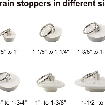 6 Pieces Drain Stopper, Rubber Kitchen Sink Drain, Sink Stopper Drain Plug with Pull Ring for Kitchen, Bathtub, Bathroom and Laundry Sink in 6 Different Sizes, White.