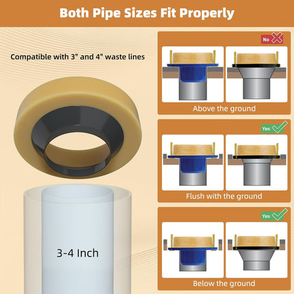 Extra Thick Toilet Wax Ring Replacement Kit, Universal Toilet Seal Ring with Brass Toilet Floor Bolts and Retainer Washers, PE Flange Fits 3 Inch and 4 Inch Drain Pipes.
