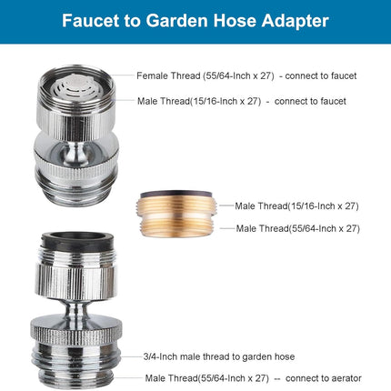 Faucet Adapter Kit, Swivel Aerator Adapter to Connect Garden Hose - Multi-Thread Kitchen Sink Faucet to Garden Hose Adapter 3/4 Inch - Chrome Finished.