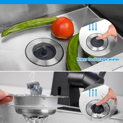 Upgraded 3 in 1 Kitchen Sink Drain Strainer and Stopper Combo, Stainless Steel Metal Pop Up Sink Stopper, Anti-Clogging Basket with Foldable Handle for US Standard 3-1/2 Inch Drain.