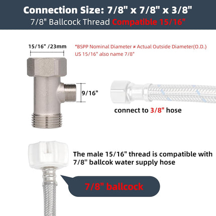 Bidet T Adapter, Metal T Valve for Bidet(7/8” x 7/8” x 3/8”) or (15/16" x 15/16" x 9/16"), 3 Way Tee Connector Bidet Attachment for Toilet.