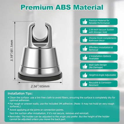 Vacuum Suction Cup Shower Head Holder, Removable Shower Wand Bracket, Adjustable Height & Wall Mount ABS Plastic Suction Holder for Handheld Shower Head, Chrome Finish.