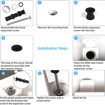 6 Pack Universal Toilet Seat Hinges Screw - Blind Hole Fixings Expanding Rubber Top Fix Nuts for Top Mounting - 3 Pairs With Two Expandable Ball.