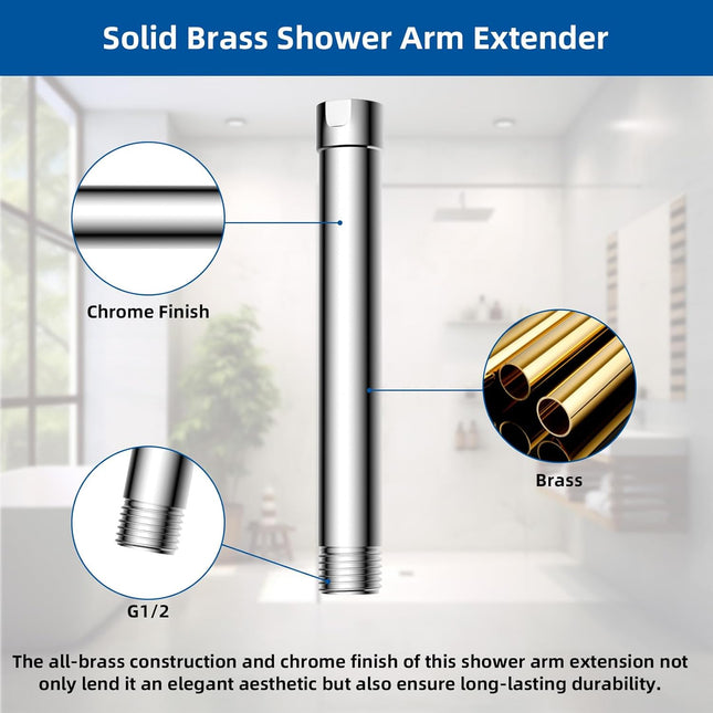 All Metal 6 Inch Shower head Extension, Solid Brass Shower Arm Extension shower Head Extender, Water Outlet Lowers Existing Shower Head Shower Pipe Extension, Chrome Finish.