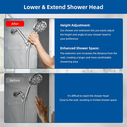 All Metal 6 Inch Shower head Extension, Solid Brass Shower Arm Extension shower Head Extender, Water Outlet Lowers Existing Shower Head Shower Pipe Extension, Chrome Finish.