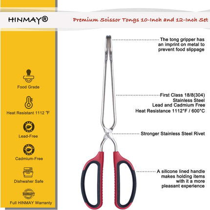Stainless Steel Scissor Tongs 10-Inch and 12-Inch Set, Set of 2.