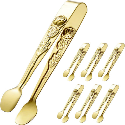 6PCS Mini Serving Tongs 5-Inch Small Rose Sugar Cube Appetizer Tongs, Tiny Metal Tong for Tea Party, Coffee Bar, Desserts (Gold).