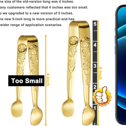 6PCS Mini Serving Tongs 5-Inch Small Rose Sugar Cube Appetizer Tongs, Tiny Metal Tong for Tea Party, Coffee Bar, Desserts (Gold).