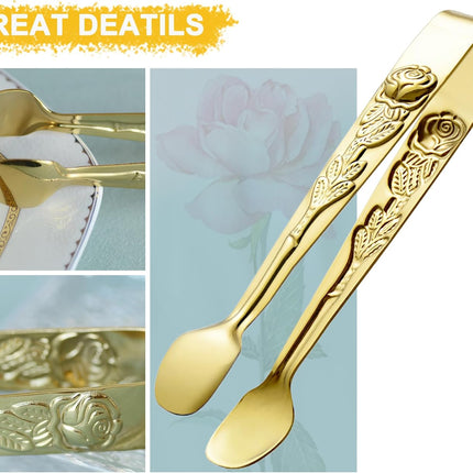 6PCS Mini Serving Tongs 5-Inch Small Rose Sugar Cube Appetizer Tongs, Tiny Metal Tong for Tea Party, Coffee Bar, Desserts (Gold).