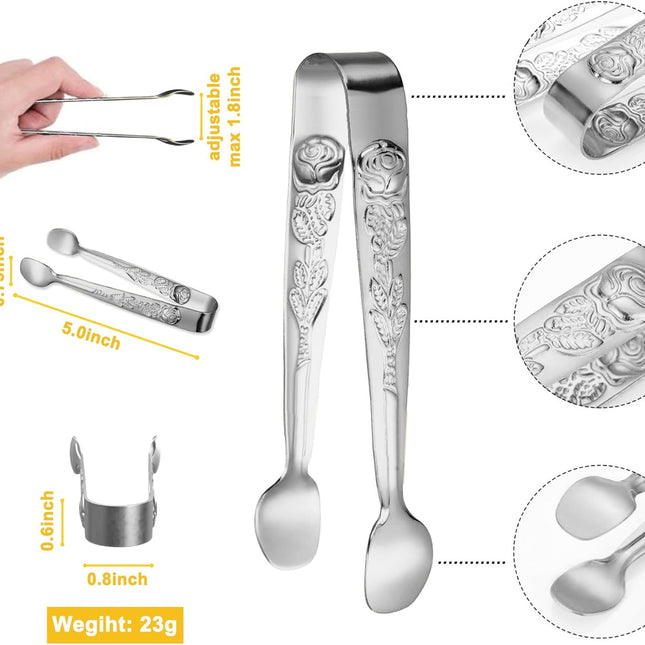 6PCS Mini Serving Tongs 5-Inch Small Sugar Tongs, Tiny Stainless Steel Kitchen Tong for Appetizers, Tea Party, Coffee Bar, Desserts (Silver).