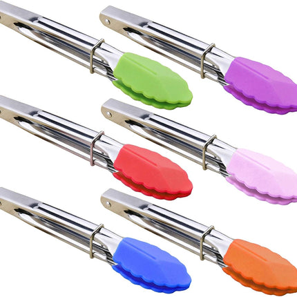 Small Tongs with Silicone Tips 7-Inch Mini Serving Tongs, Set of 6 (Green Red Blue Purple Pink Orange).