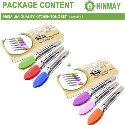 Small Tongs with Silicone Tips 7-Inch Mini Serving Tongs, Set of 6 (Green Red Blue Purple Pink Orange).