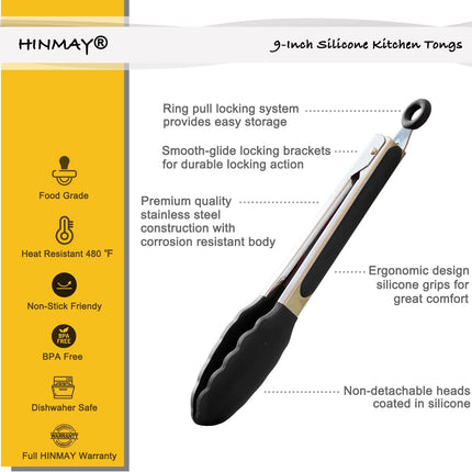 Serving Tongs 9-Inch Cooking Tongs with Silicone Tips, Set of 3 (Black).