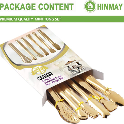 Gold Plated Mini Serving Tongs Set 6-Inch Appetizers Tongs Stainless Steel Small Sugar Cube Tongs Ice Tongs, Set of 6.