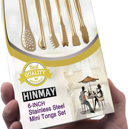 Gold Plated Mini Serving Tongs Set 6-Inch Appetizers Tongs Stainless Steel Small Sugar Cube Tongs Ice Tongs, Set of 6.