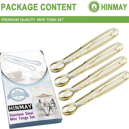 5.75" Mini Appetizer Tongs Set, Tiny Stainless Steel Small Tongs for Serving, Tea Party, Coffee Bar, Desserts, Set of 4 (Gold).