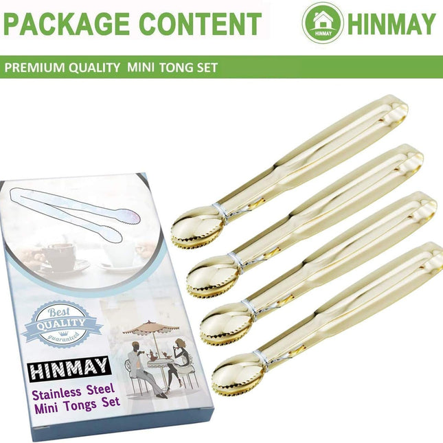 5.75" Mini Appetizer Tongs Set, Tiny Stainless Steel Small Tongs for Serving, Tea Party, Coffee Bar, Desserts, Set of 4 (Gold).