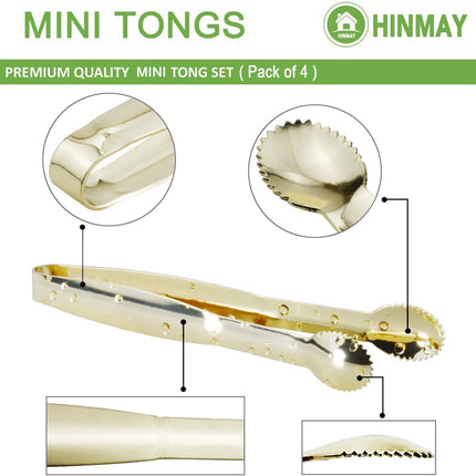 5.75" Mini Appetizer Tongs Set, Tiny Stainless Steel Small Tongs for Serving, Tea Party, Coffee Bar, Desserts, Set of 4 (Gold).