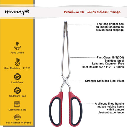 Stainless Steel Scissor Tongs with Comfort-Grip Handle 12-Inch, Set of 2.