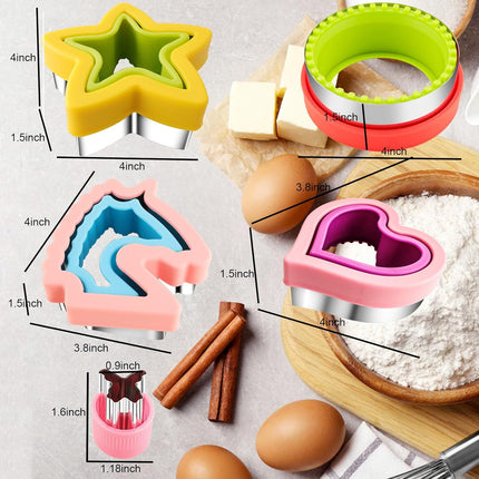 Sandwich Cutter and Sealer for Kids 4pcs Large Bread Decruster Sandwiches Cruster Maker Vegetable Fruit Cookies Food Cutter Shapes Set for Boys Girls Lunch Bento Box Unicorn Star Heart Round.