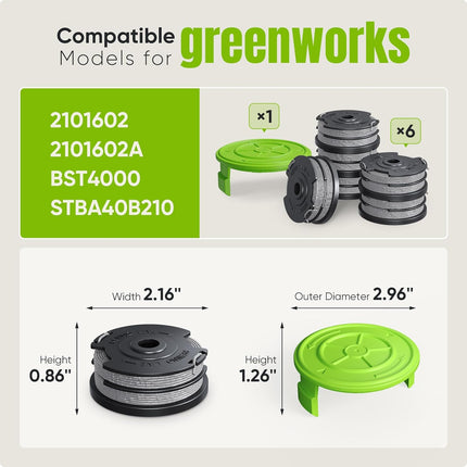 7 Pack Weed Wacker String for Greenworks Weed Eater, 0.065" 18ft Dual String Trimmer Replacement String Spool(2900719) with Spool Cap Cover(6 Spools+1 Cap).