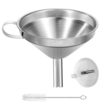 Stainless Steel Kitchen Funnel, 4.3-Inch Food Grade Metal Funnel with Strainer for Filling Bottles, Transferring Liquid, Oil, Juice, Milk.