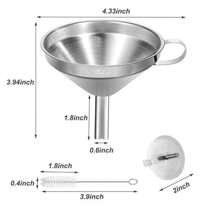 Stainless Steel Kitchen Funnel, 4.3-Inch Food Grade Metal Funnel with Strainer for Filling Bottles, Transferring Liquid, Oil, Juice, Milk.