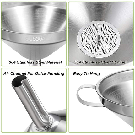 Stainless Steel Kitchen Funnel, 4.3-Inch Food Grade Metal Funnel with Strainer for Filling Bottles, Transferring Liquid, Oil, Juice, Milk.