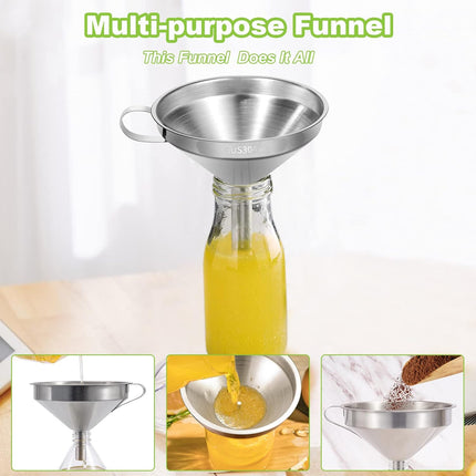 Stainless Steel Kitchen Funnel, 4.3-Inch Food Grade Metal Funnel with Strainer for Filling Bottles, Transferring Liquid, Oil, Juice, Milk.