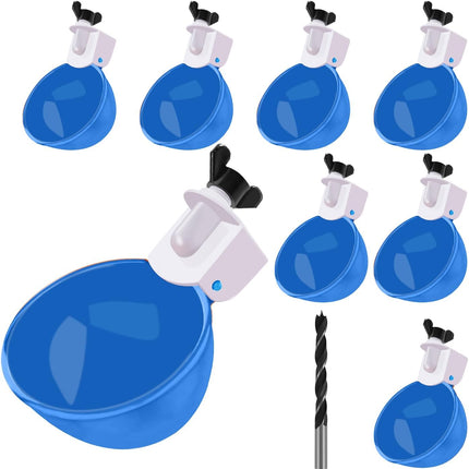 Professional Chicken Waterer Cups, 8 Packs Blue Large Chicken Water Feeder, Tee Fittings Poultry Waterer Suitable for Duck, Chicks, Goose, Turkey, Bunny and Bird with Mounting Hole Opener.