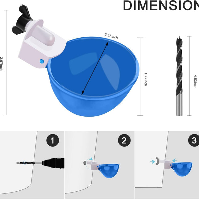 Professional Chicken Waterer Cups, 8 Packs Blue Large Chicken Water Feeder, Tee Fittings Poultry Waterer Suitable for Duck, Chicks, Goose, Turkey, Bunny and Bird with Mounting Hole Opener.